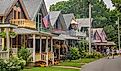 Brightly painted Gingerbread cottages in the historic Camp Meeting district in Oaks Bluff, Martha's Vineyard. Editorial credit: Heidi Besen / Shutterstock.com