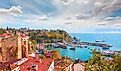Aerial view of Antalya old town or harbour (Kaleici), Bay with ships and boats in summer - Antalya, Turkey 