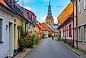 Traditional colorful street in Swedish town Ystad.