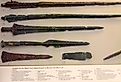 Various weapons of the bronze age found in the tombs of the ancient Mycenae, Athens archaeological museum, Greece. Image credit johzio via Shutterstock.
