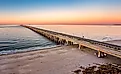 Aerial panorama of the Chesapeake Bay Bridge Tunnel at sunset.