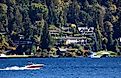 Red Speedboat on Lake, Washington State and, Mercer Island