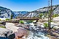 Aerial view of Nevada Fall waterfall on Merced River from Mist trail in Yosemite National Park in California, United States.
