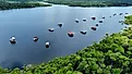 Floating restaurants of Amazon River at Amazon Forest.
