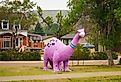 Fiberglass sculpture of a pink diplodocus in Drumheller, Alberta. Image credit Alexandre.ROSA via Shutterstock
