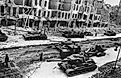 Soviet tanks and self-propelled guns on the streets of Berlin