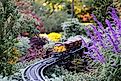 Model train set running through fall flowers in Longwood Gardens, Kennett Square, PA, USA