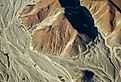 The Spaceman (or Owl Man, or Astronaut) of Nazca Lines, aerial view from aircraft, Peru.