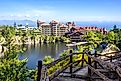 New Paltz, New York: Scenic view of Mohonk Mountain House and Mohonk Lake.