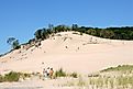 Ambitious groups of summer visitors tackle one of the big shoreline sand dunes at Warren Dunes State Park. Wild grasses line the bottom while trees span the top.