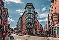 Historic East End of Boston Massachusetts with brick buildings, bakery restaurants, and shops.