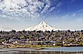 Downtown Hood River, Oregon, with Mount Hood in the background.