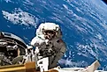Astronaut Michael A. Lopez-Alegria pauses near the front of the International Space Station during an expedition.