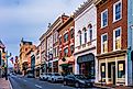 Staunton, Virginia: Downtown road and period architecture on commercial buildings on the historic Beverley Street