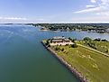 Aerial view of a sea shore in Boston Harbor in Weymouth, Massachusetts. 