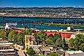 The Town of Sault Ste Marie Michigan in September 6, 2018 USA of ships, Soo Locks and downtown and the Saint Marys River
