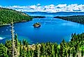 Aerial view of Emerald Bay, on a sunny day in Lake Tahoe, California.