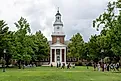 New students walk past Gilman Hall on the Johns Hopkins University campus in Baltimore during first year orientation. Editorial credit: Liz Albro Photography / Shutterstock.com