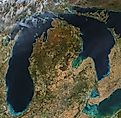 Lake Michigan and Lake Huron in fall. NASA Earth Observatory image by Michala Garrison