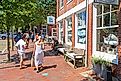 Nantucket, Massachusetts/USA - August 9 2019: the Town of Nantucket is home to an eclectic range of shops including high end galleries, clothes shops, souvenir stores, a bookshop and a liquor store.