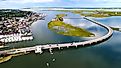 Aerial view of the Long Bridge to Chincoteague Island in Virginia.