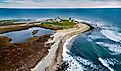 A picturesque view of the Point Judith Lighthouse in Narragansett, Rhode Island.