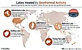 Infographic showing the locations and details of lakes heated by geothermal activity on the earth map.