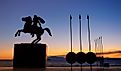 The bronze statue of Alexander the Great on his famous horse with sarissas in the background