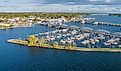 An image of steel bridge and boats located in historic Sturgeon Bay located in Door County Wisconsin.