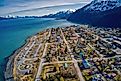 Aerial view of Seward, Alaska, in early summer.