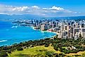 Skyline of Honolulu, Hawaii and the surrounding area including the hotels and buildings on Waikiki Beach.