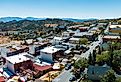 Aerial scenic view of Victorian building on historic Main C street in downtown Virginia City.