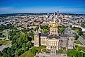 Aerial View of the Iowa State Capitol Building with Des Moine Skyline