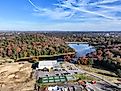 Aerial view of Van Buren City Park with beautiful fall foliage on trees. Image credit: Jonathan C Wear / Shutterstock.com.