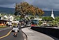  Busy street, shops, cafes, and seaside walkway in autumn in Kona, Hawaii.