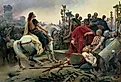 Vercingetorix surrenders to Julius Caesar following the Battle of Alesia in 52 BCE, as imagined by Lionel Royer in 1899. Image credit Lionel Royer, Public domain, via Wikimedia Commons