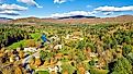 Aerial view of Weston, Vermont, during the colorful fall season.