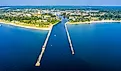 Aerial view of St. Joseph, Michigan with views of downtown, the state park, the St. Joseph Lighthouse, and St. Joseph River