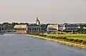 A view of the United States Naval Academy in Annapolis on the banks of the Severn River.