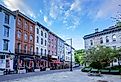 A landscape view of the shops and restaurants on West Strand Street in The Rondout, Kingston’s historic waterfront. Image credit Brian Logan Photography via Shutterstock.