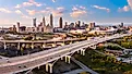 Interstate 90 running through Cleveland, Ohio at sunset.