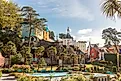 Scenic foliage and buildings in the town of Portmeirion in North Wales.