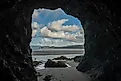Pacific Northwest Beach Viewed from Inside Sea Cave in Olympic National Park. 
