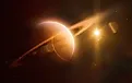 Saturn and sun in outer space