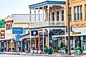 The shoppes in old historic buildings along Main Street through Fredericksburg, Texas