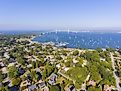 Claiborne Pell Newport Bridge on Narragansett Bay and town of Jamestown aerial view in summer, Jamestown on Conanicut Island, Rhode Island RI, USA