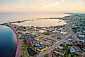 Aerial view of Grand Marais, Minnesota, at sunset.