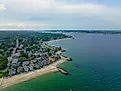 Pequot Point Beach and New London Harbor Lighthouse at the mouth of Thames River in city of New London, Connecticut.