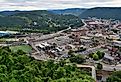 A view of Johnstown, Pennsylvania from atop the Incline Plane with green mountain tops.