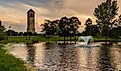 The singing tower and a pond in Carillon Park, Luray, Virginia.